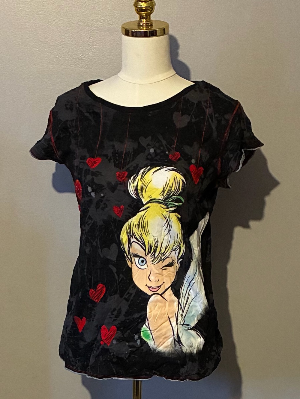 Disney Black Tinker Bell Graphic Tee with Red Hearts